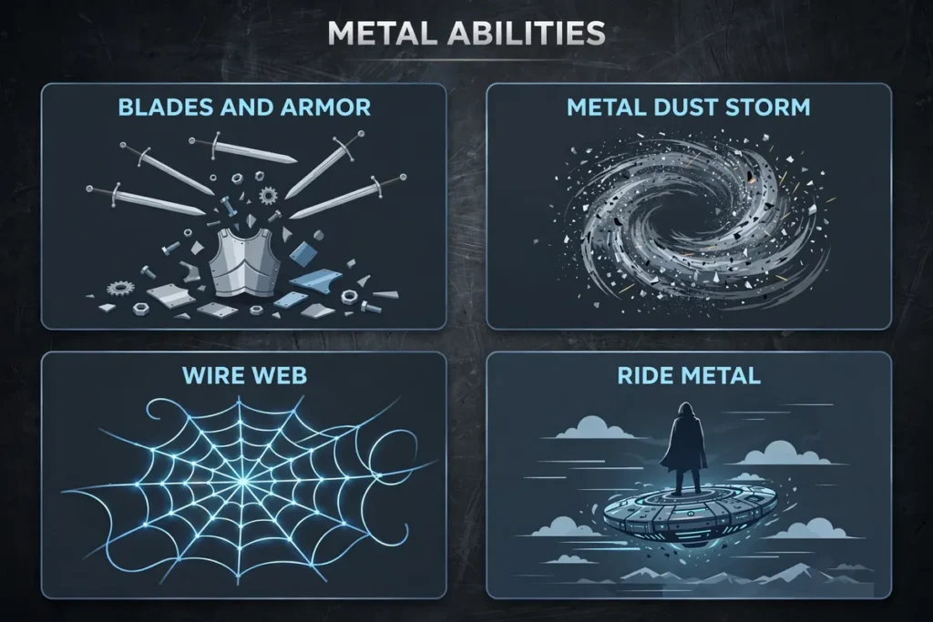 Infographic: metal manipulation applications, blades and armor, metal dust storm, wire web, riding metal to fly