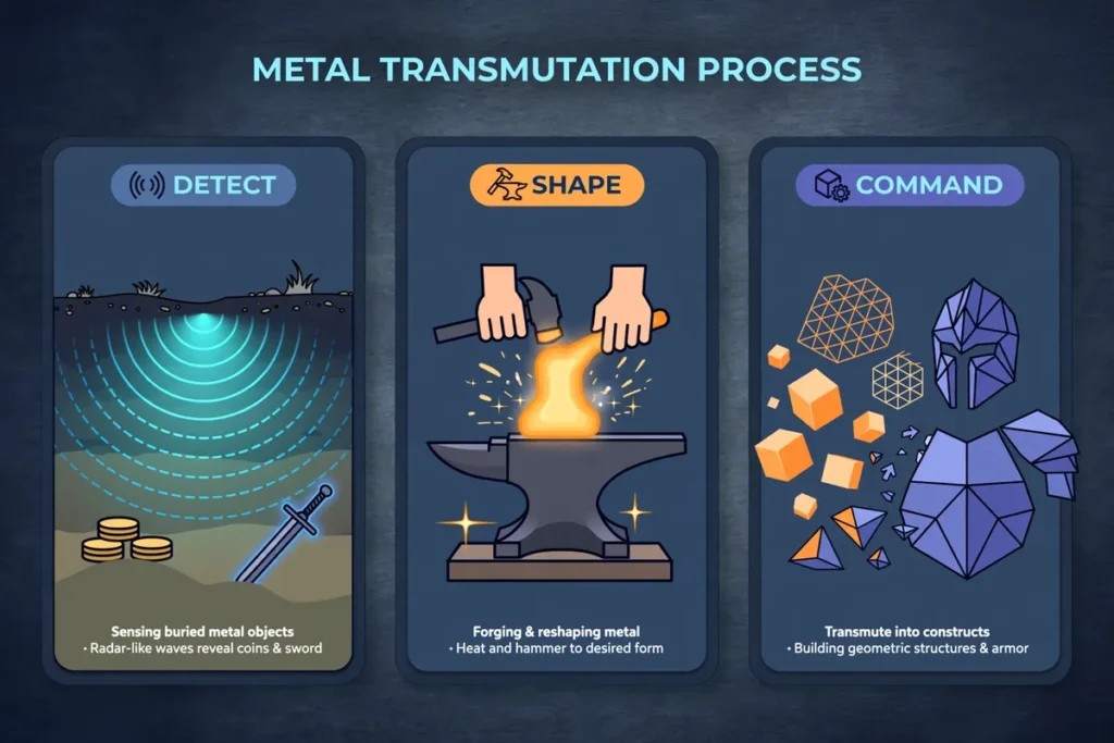 Infographic: the three moves of metal manipulation, detect, shape, command
