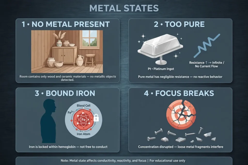 Infographic: limits of metal manipulation, no metal present, platinum purity, bound blood iron, focus breaks