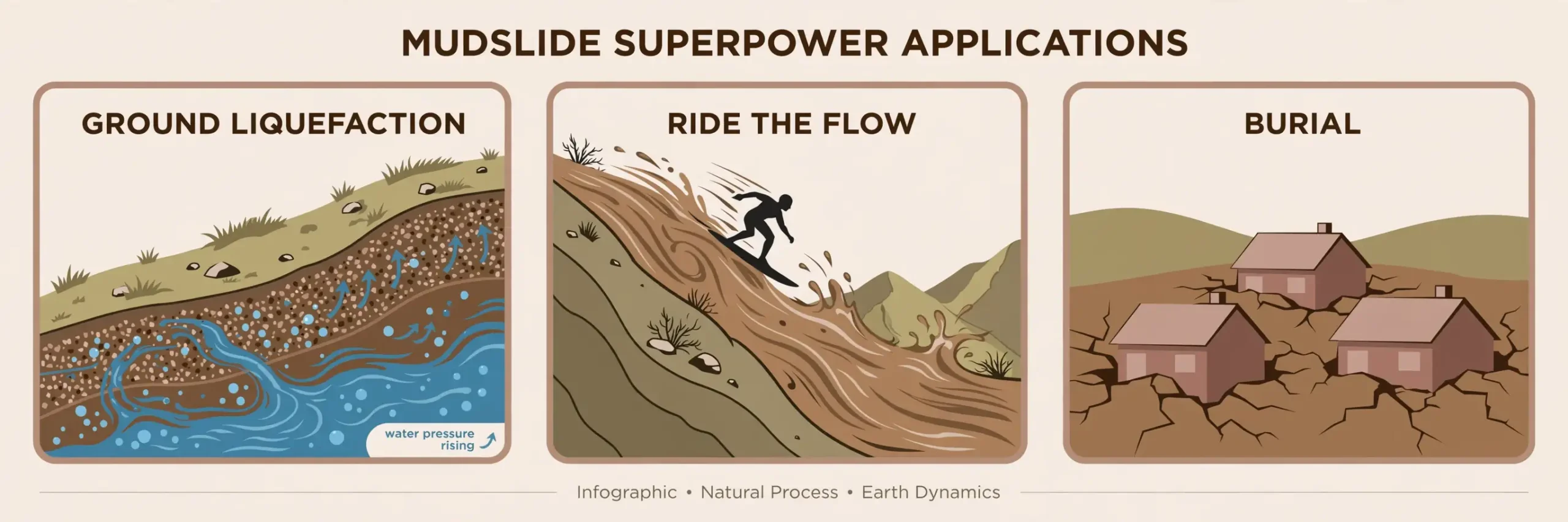 Infographic: mudslide superpower applications, ground liquefaction, riding the debris flow, burial and entombment