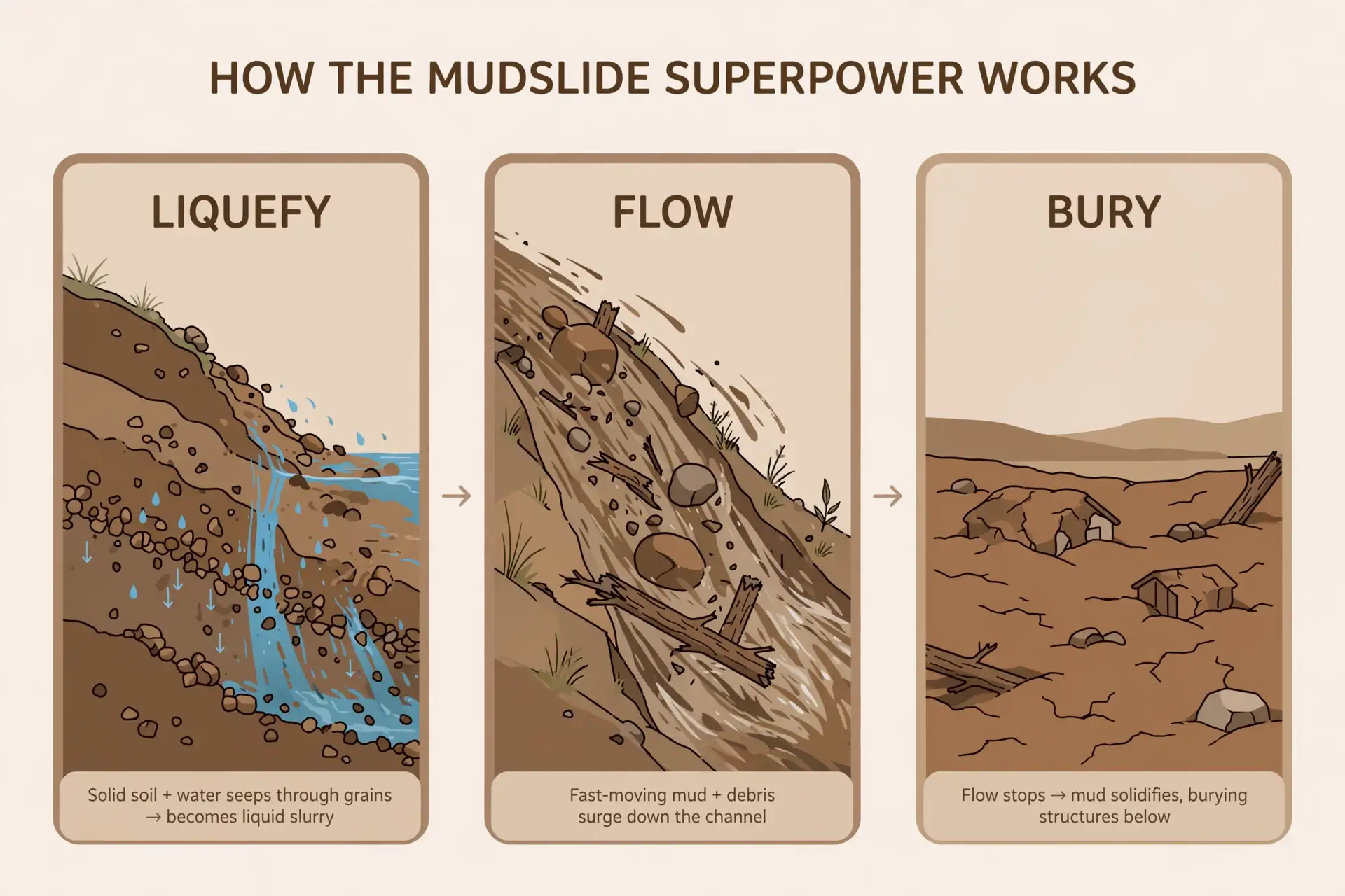 Infographic: the three moves of the mudslide superpower, liquefy, flow, bury