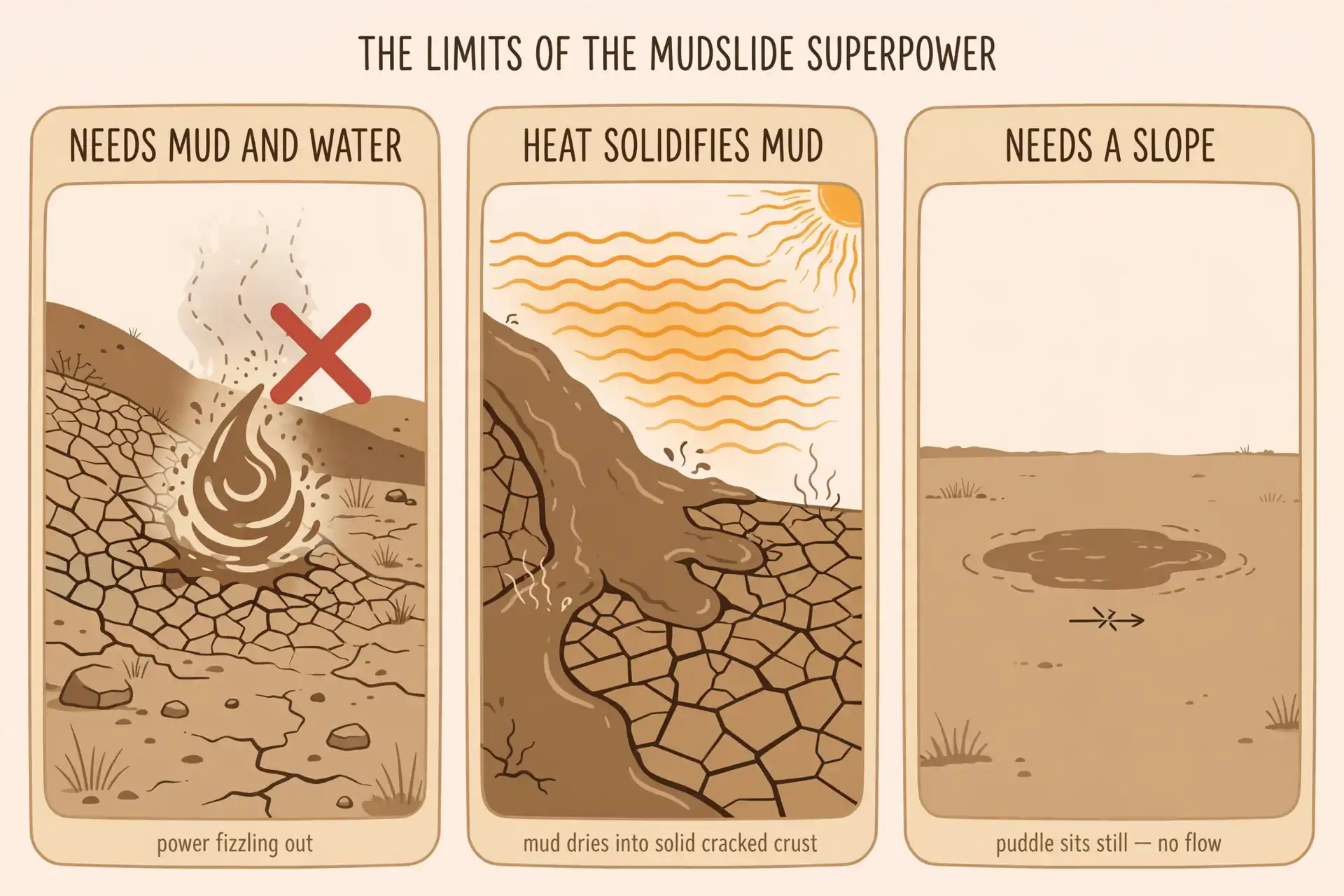 Infographic: limits of the mudslide superpower, needs existing mud and water, heat solidifies mud, needs slope or saturation