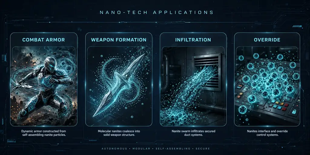Infographic: combat armor, weapon formation, infiltration, and override