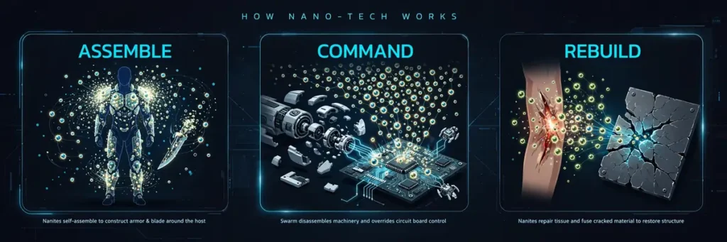 Infographic: the three moves of nano-tech, assemble, command, rebuild