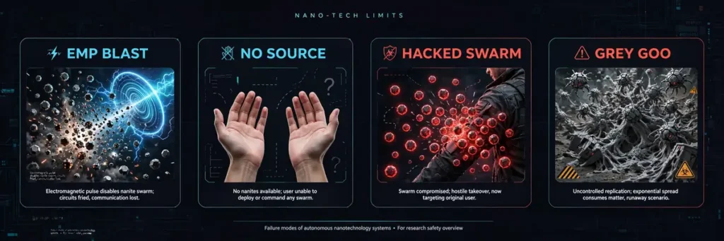 Infographic: limits of nano-tech, EMP blast, no source, hacked swarm, grey goo