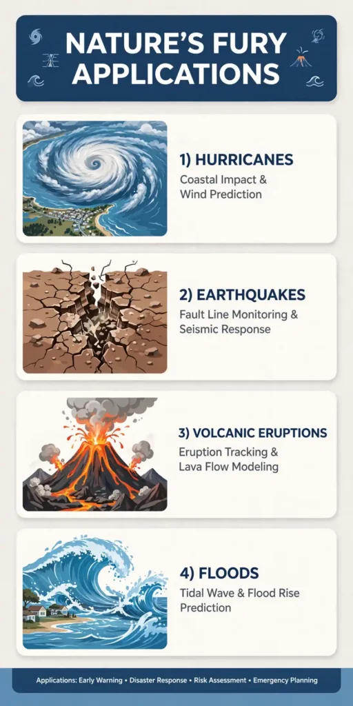 Infographic: Nature's Fury applications, hurricanes, earthquakes, volcanic eruptions, floods