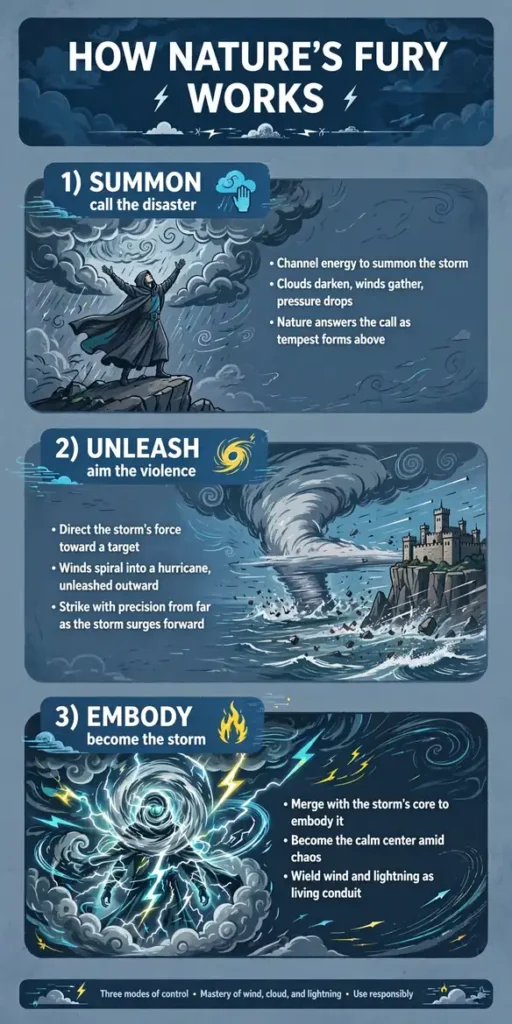 Infographic: the three modes of Nature's Fury, summon, unleash, embody