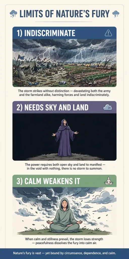 Infographic: limits of Nature's Fury, indiscriminate destruction, needs sky and land, calm weakens the rage