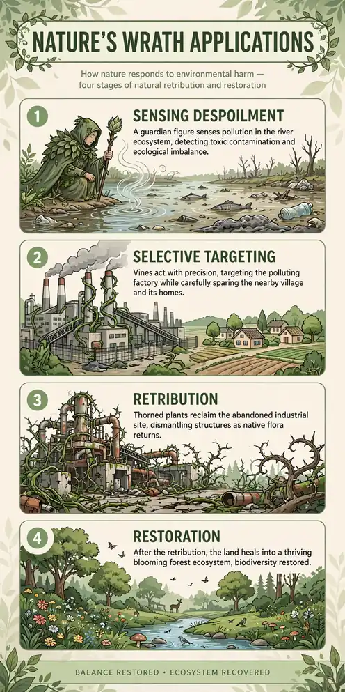 Infographic: Nature's Wrath applications, sensing despoilment, selective targeting, retribution, restoration