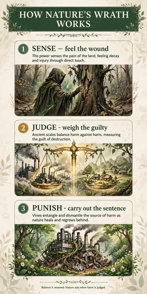 Infographic: the three moves of Nature's Wrath, sense, judge, punish