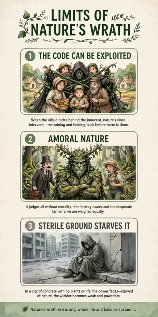 Infographic: limits of Nature's Wrath, the code can be exploited, amoral nature, sterile ground