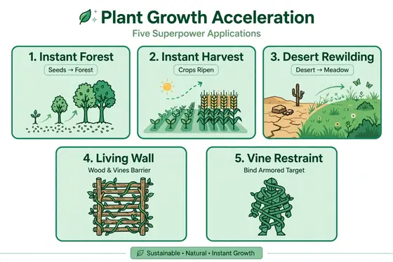 Infographic: plant growth acceleration applications, instant forests, instant crops, healing land, living walls, overgrowth weapon