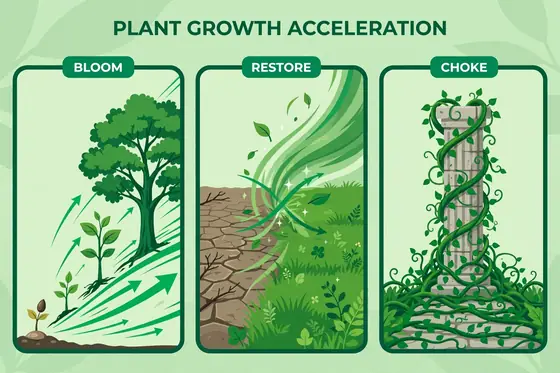 Infographic: the three moves of plant growth acceleration, bloom, restore, choke
