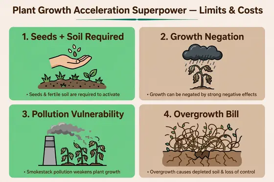 Infographic: limits of plant growth acceleration, needs seeds, needs soil, growth negation, pollution, the overgrowth bill