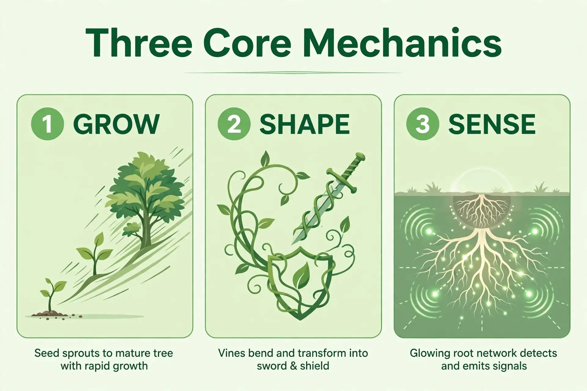 Infographic: three core mechanics of plant manipulation, grow, shape, sense