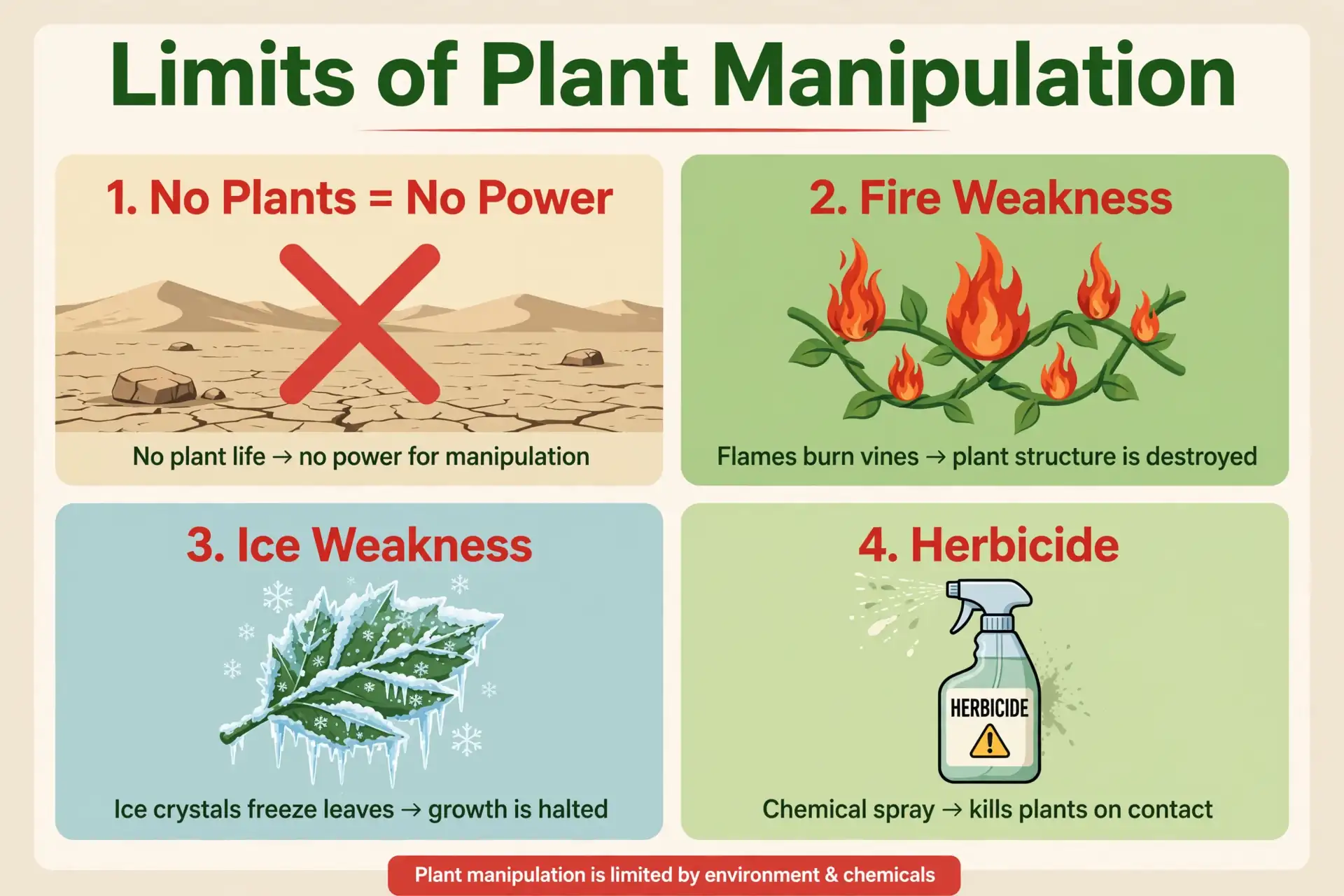 Infographic: limits of plant manipulation, no plants, fire, ice, herbicide