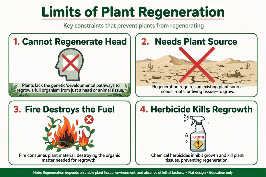 Infographic: limits of plant regeneration, head injuries, plant source needed, fire, herbicide