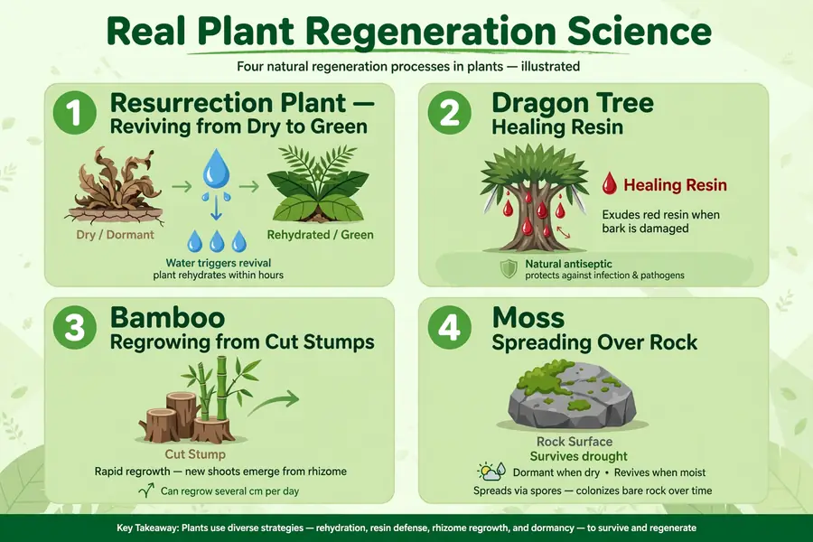 Infographic: real plant regeneration science, resurrection plants, dragon tree, bamboo, moss