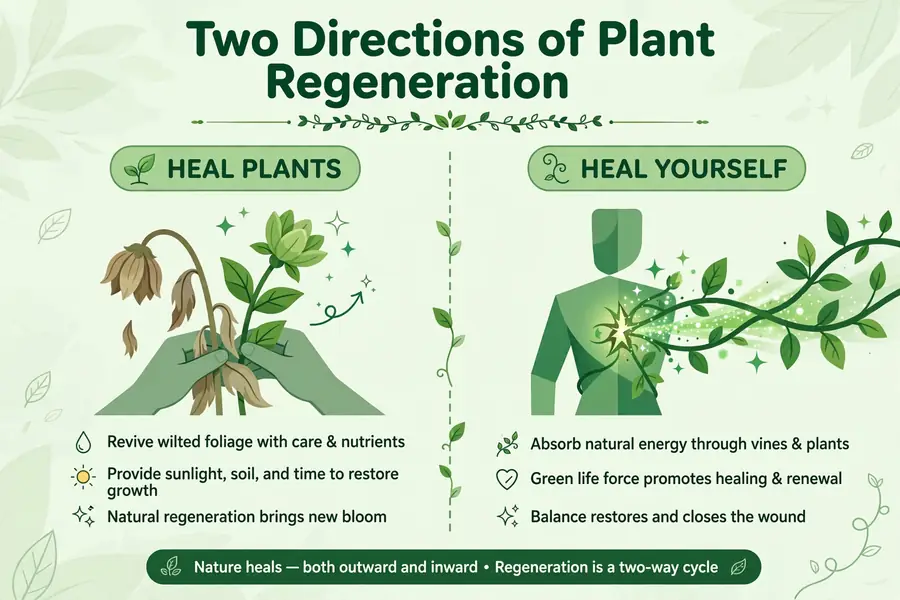 Infographic: the two directions of plant regeneration, heal plants versus heal yourself