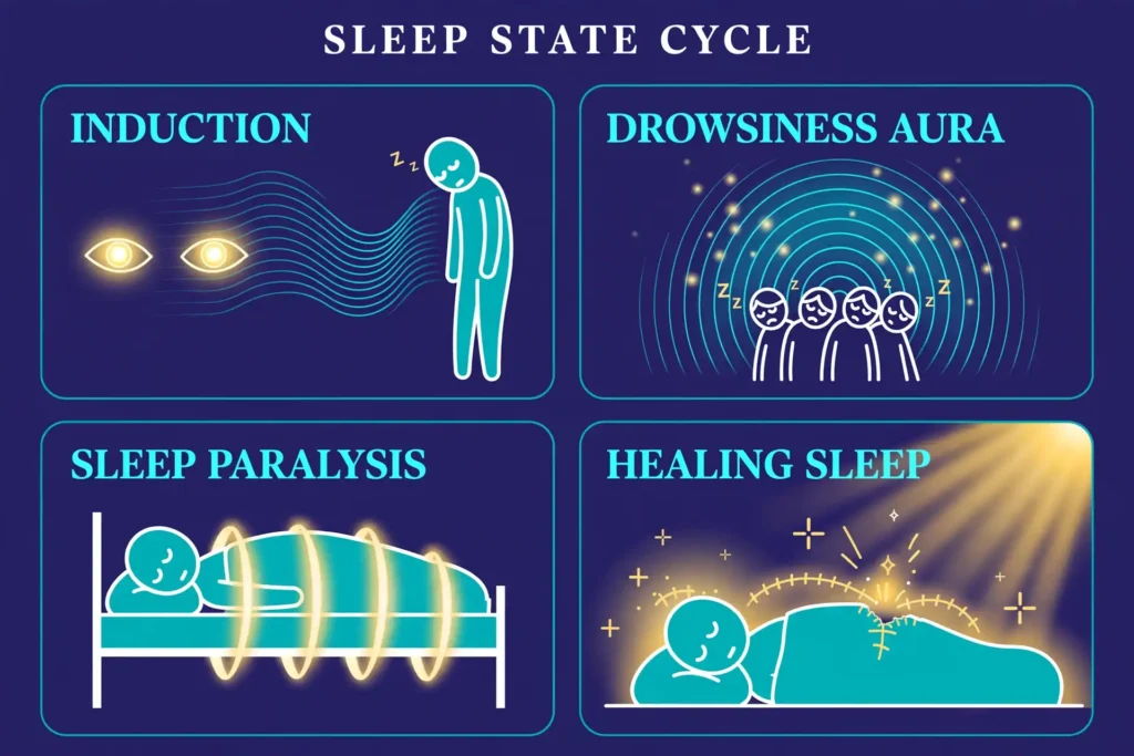 Infographic: sleep induction, drowsiness aura, sleep paralysis, and healing sleep