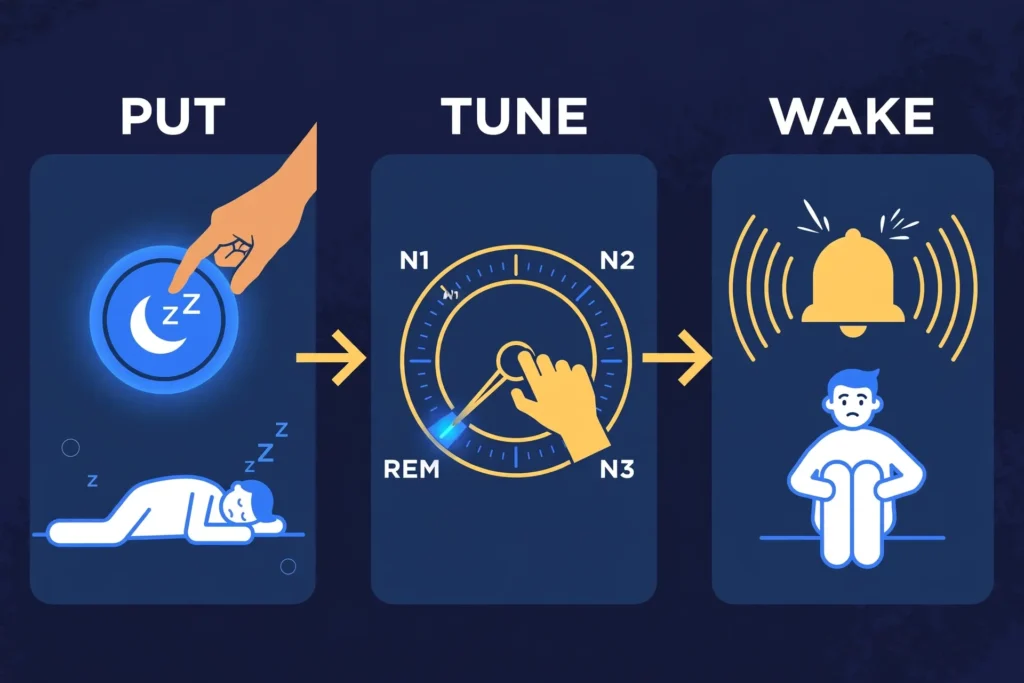 Infographic: the three levers of sleep manipulation, put, tune, wake