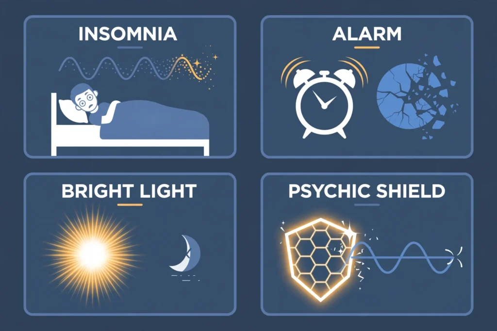 Infographic: limits of sleep manipulation, insomnia, alarms, bright light, psychic shields