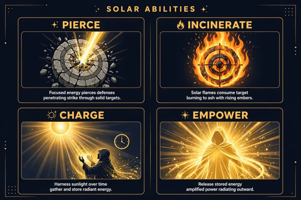 Four-panel infographic: pierce a target with a focused beam, incinerate in solar flames, charge sunlight over time, empower the body with stored solar energy