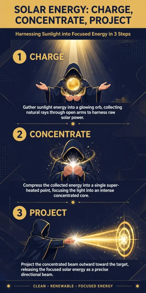 Three-step infographic: charge sunlight into a glowing orb, concentrate it into a single super-heated point, project it as a focused beam