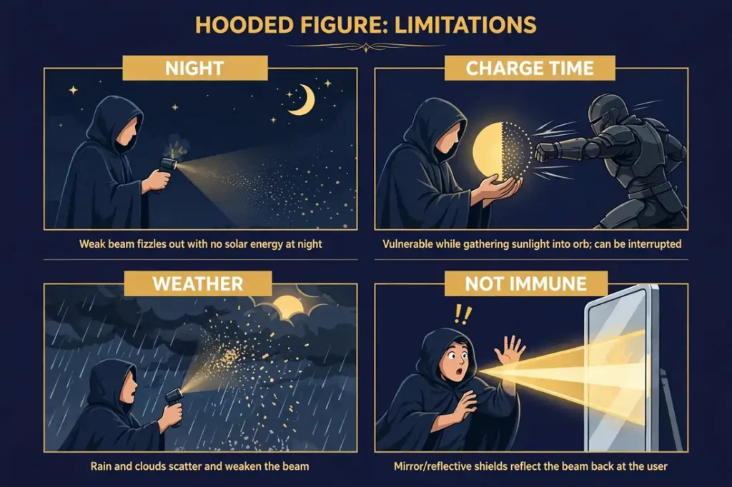 Four-panel infographic: no solar energy at night, vulnerable during charge time, rain and clouds weaken the beam, mirrors reflect the beam back