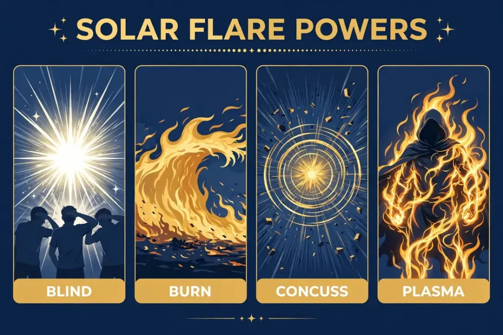 Four-panel infographic: blind with a blinding flash, burn with solar fire, concuss with a shockwave ring, sheathe the body in plasma