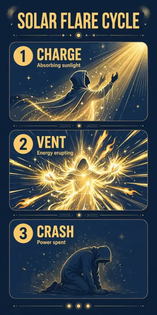 Three-step infographic: charge sunlight into the body, vent it in every direction, crash into powerlessness