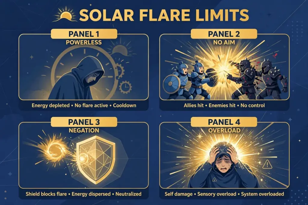 Four-panel infographic: powerless after the flare, no aim means allies burn too, negation shields block the burst, sensory overload from the glare
