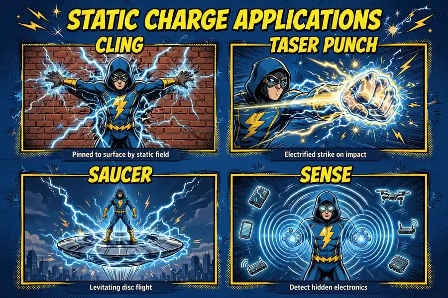 Four-panel infographic: cling a figure to a wall, taser punch, fly on a levitating metal saucer, sense hidden electronics