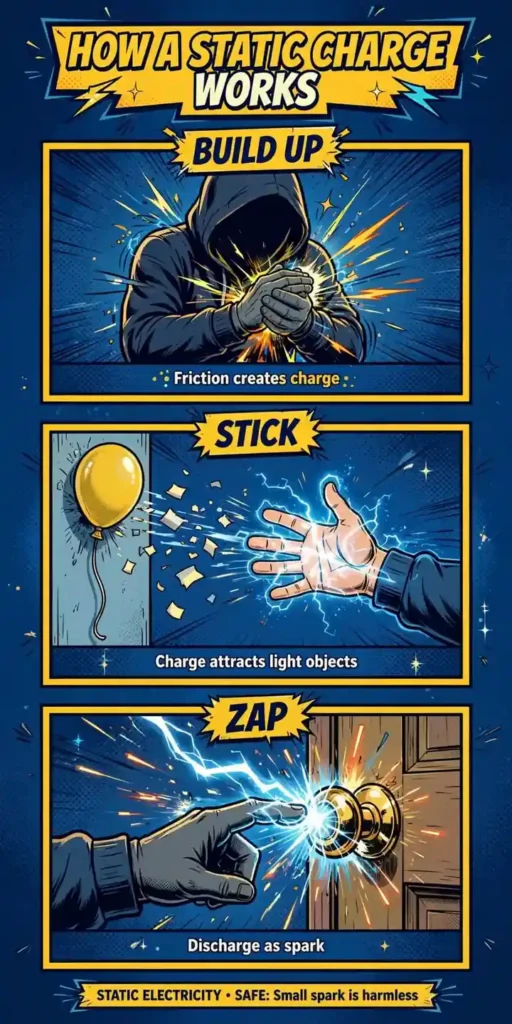 Three-panel infographic: build up charge through friction, stick with attraction, zap as a spark from a fingertip to a doorknob