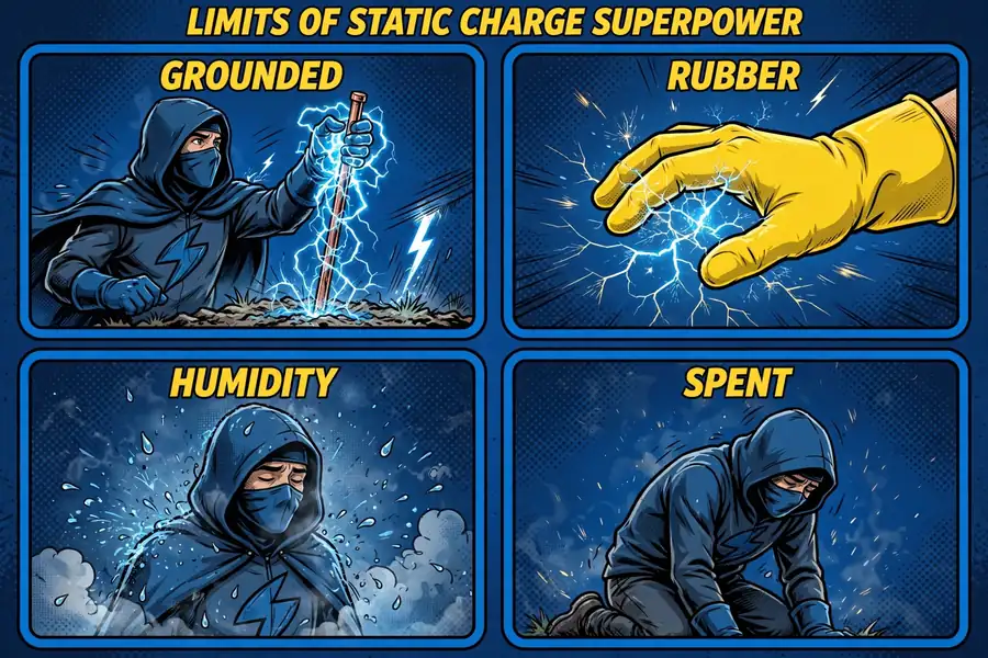 Four-panel infographic: charge grounded through a copper rod, rubber glove immune to sparks, humidity dissolving charge, exhausted figure after discharge