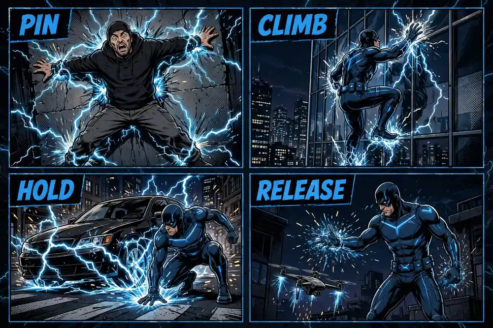 Four-panel infographic: pin a thug spread-eagle to a wall, climb a glass tower, hold a getaway car to the street, release a stuck drone