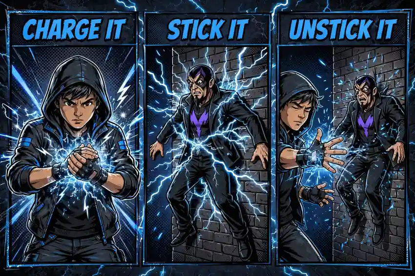 Three-panel infographic: charge hands with crackling static, pin a villain flat to a brick wall, release the charge as the villain slides down