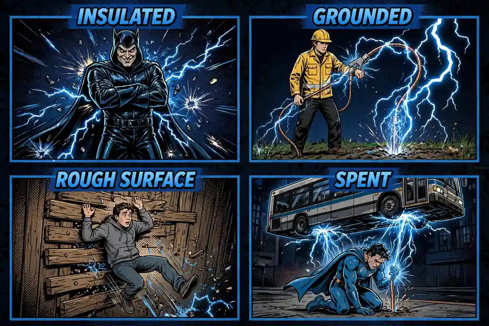 Four-panel infographic: rubber-suited villain immune to the cling, charge draining through a copper cable, cling failing on rough wood, exhausted hero after holding a bus