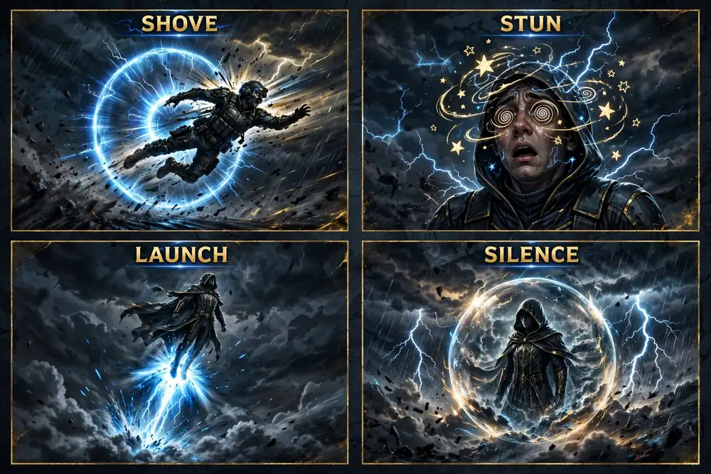 Four-panel infographic: shove a target with a shockwave, stun with a thunderclap, launch upward on a thunder blast, create a bubble of absolute silence