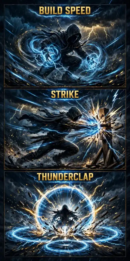 Three-panel infographic: build speed gathering storm energy, strike with a shoulder charge, thunderclap shockwave bursting from the impact point