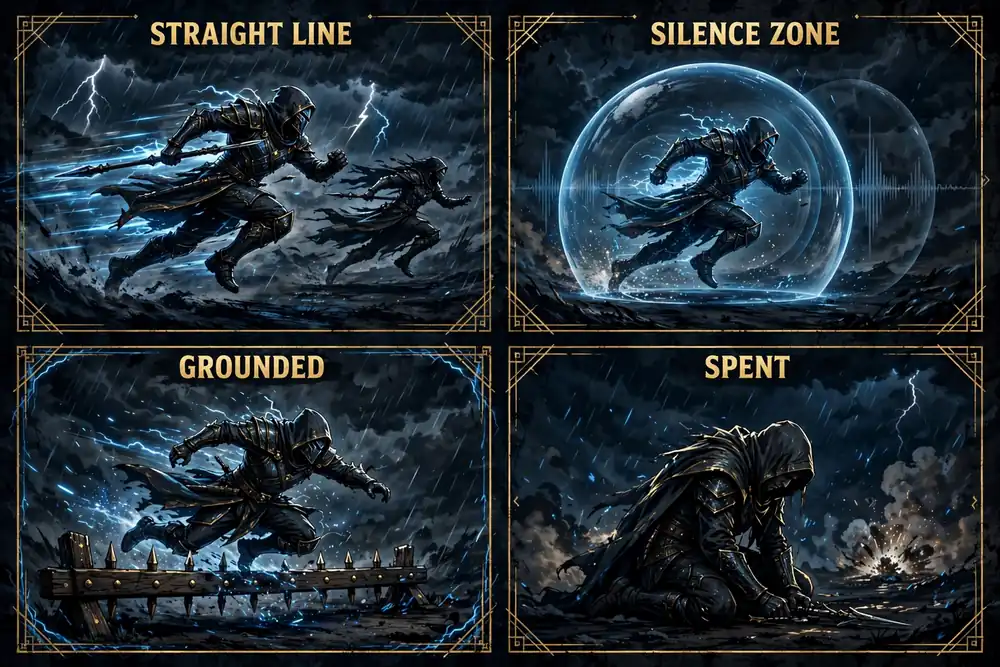 Four-panel infographic: a straight-line charge missing its target, a silence zone smothering the boom, a charger tripped before landing, an exhausted figure after the charge