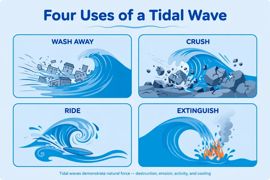 Infographic: the four uses of a tidal wave, wash away, crush, ride, extinguish