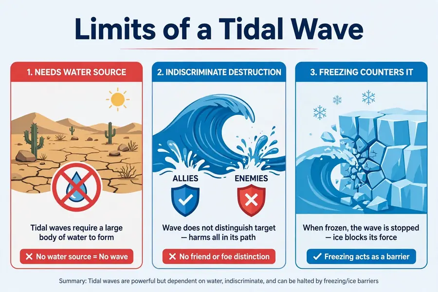Infographic: limits of a tidal wave, needs water source, indiscriminate destruction, counters