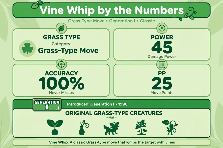 Infographic: Vine Whip stats, Grass type, Power 45, Accuracy 100 percent, PP 25