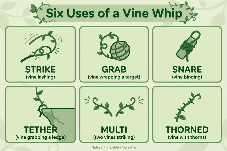 Infographic: the six uses of a vine whip, strike, grab, snare, tether, multi, thorned
