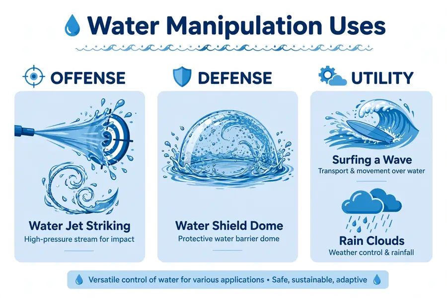 Infographic: water manipulation applications, offense, defense, utility