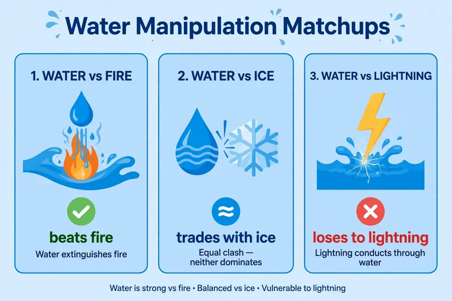 Infographic: water manipulation matchups, beats fire, trades ice, loses to lightning
