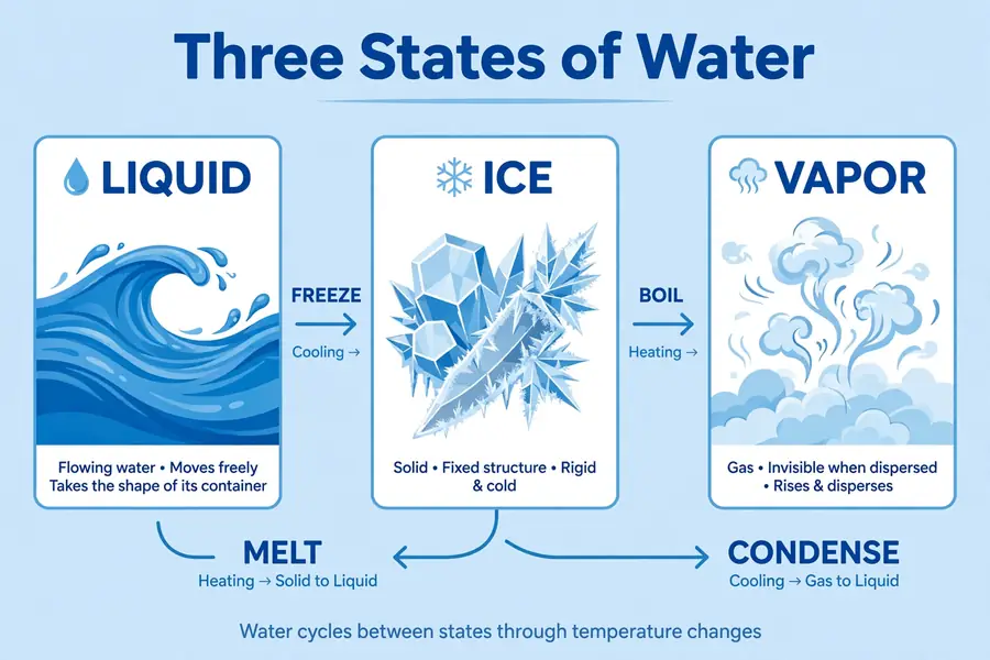 Infographic: the three states of water manipulation, liquid, ice, vapor
