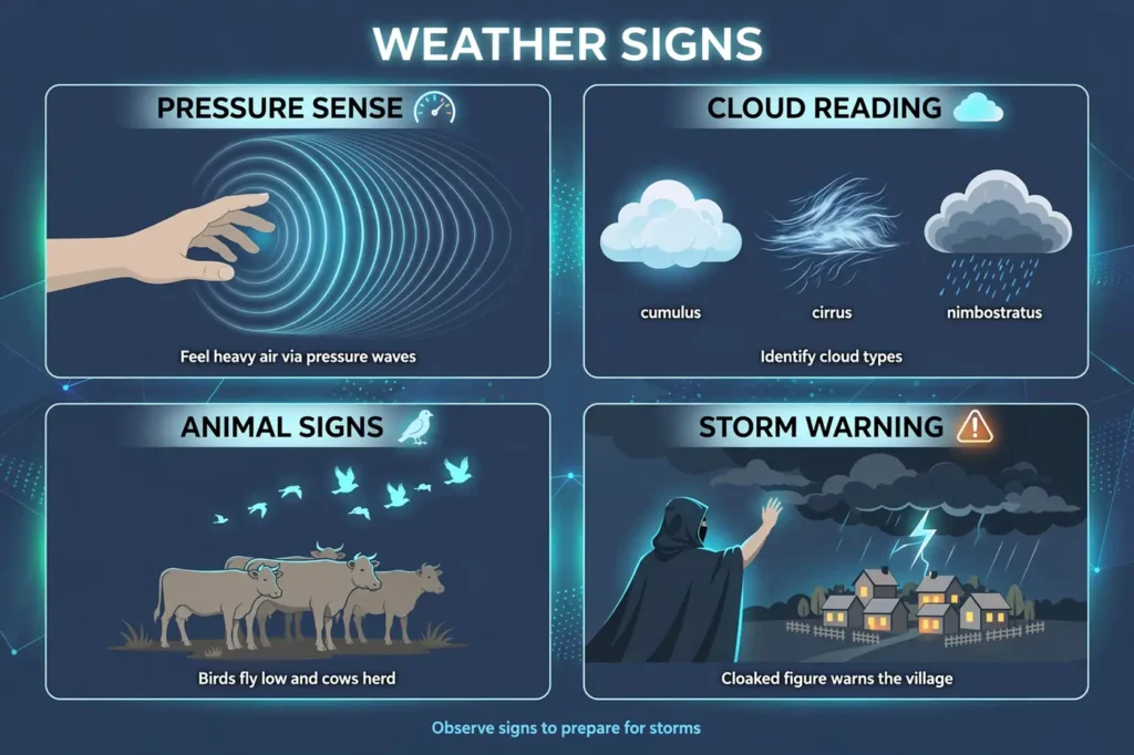 Infographic: pressure sense, cloud reading, animal signs, and storm warning