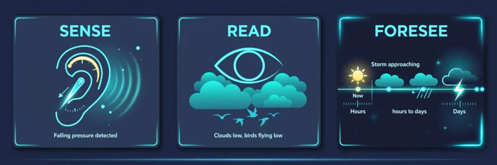 Infographic: the three moves of weather forecasting, sense, read, foresee